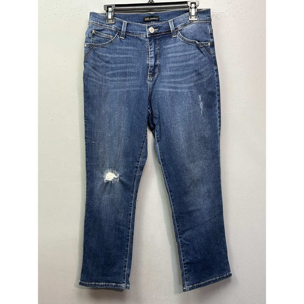 Lee Jeans Women 10 Medium Blue Slimmin Fit Straight Leg Distressed Denim 14443